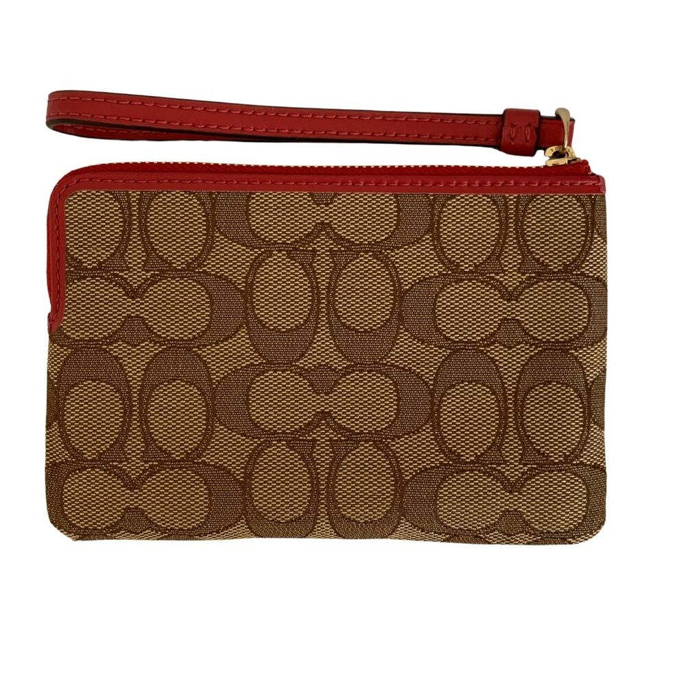 Coach Kahki Canvas Monogram with Red Strap Wristlet - Picture 3 of 6